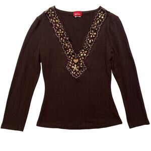 VTG Y2K 00's Brown Wool Style Lace Sequin Long sleeve Sweater Top SZ S